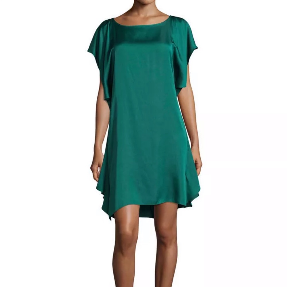 BCBGMaxAzria Anaya Dark Emerald Green Resort Cold Shoulder Silky Shift Dress - L